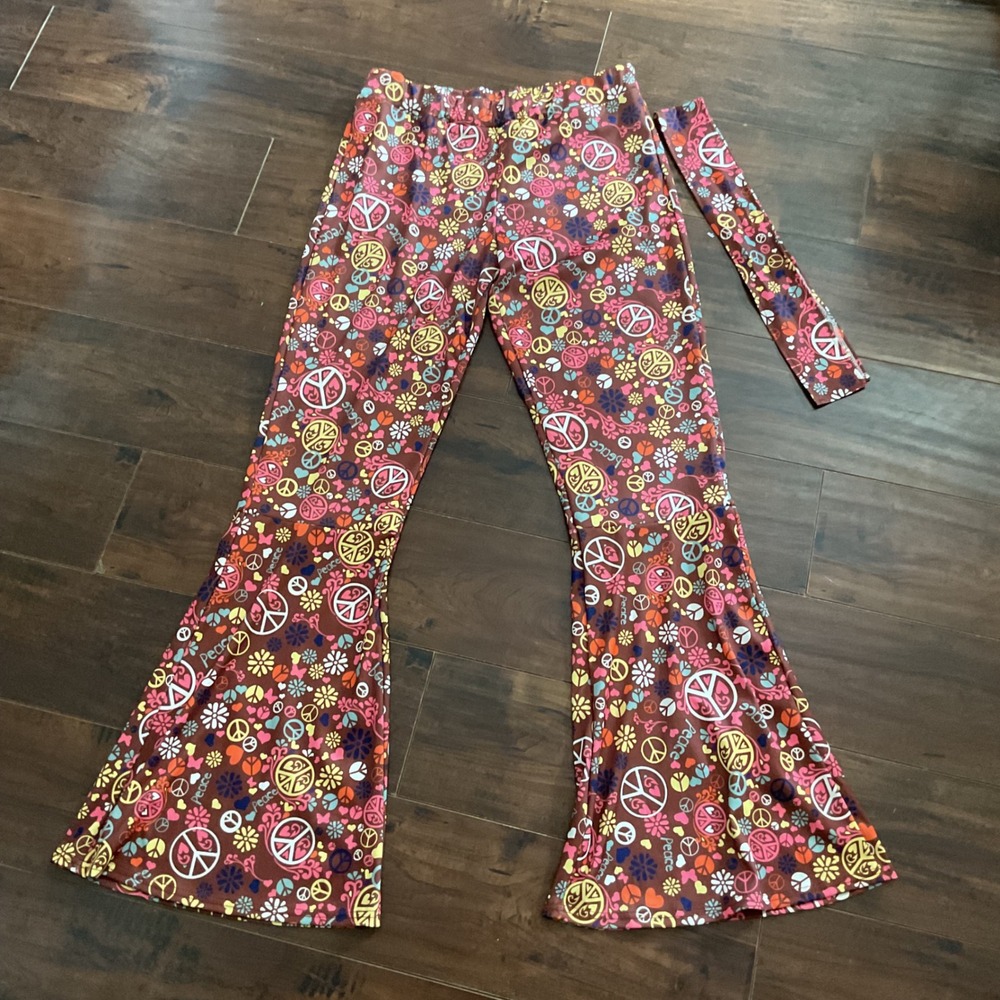 Peace Sign Bell Bottom Flare Pants with Matching Headband Brown 3XL Hippie